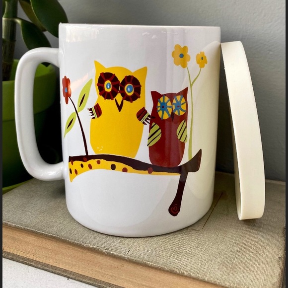 Large Retro Owl Coffee Mug with Rubber Lid/Coaster, Retro Vintage Owl Kitchen - Picture 5 of 7
